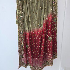 Beaded Dupatta shawl- olive green and merlot red